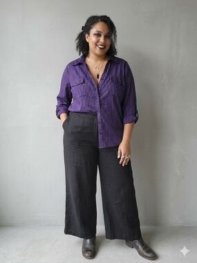 Notations Woman Purple & Black Striped Button Down Blouse 2X